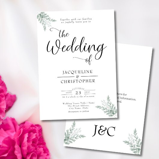 Monogrammed Greenery Wedding Invitation Kaart