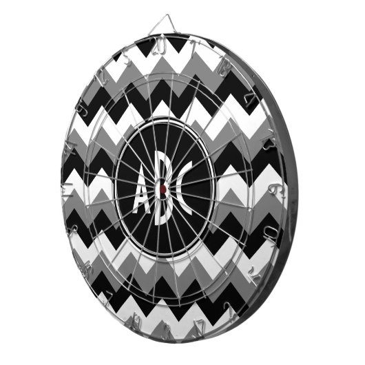 Monogrammed Grey Black and White Zigzag Dartbord (Voorkant Rechts)