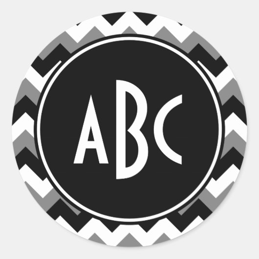 Monogrammed Grey Black and White Zigzag Ronde Sticker (Voorkant)