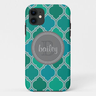Monogrammed Grey Blauwgroen Modern Lattice Pattern iPhone 11 Hoesje