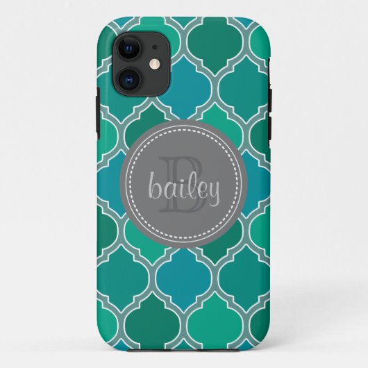 Monogrammed Grey Blauwgroen Modern Lattice Pattern Case-Mate iPhone Case (Achterkant)