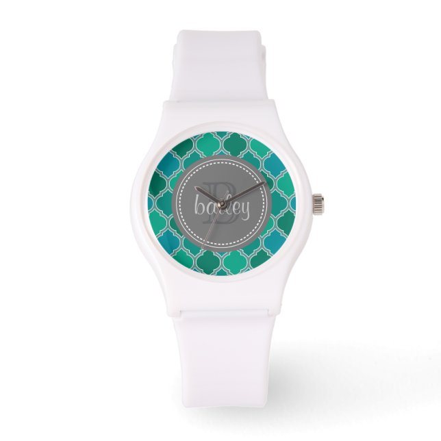 Monogrammed Grey Blauwgroen Modern Lattice Pattern Horloge (Voorkant)