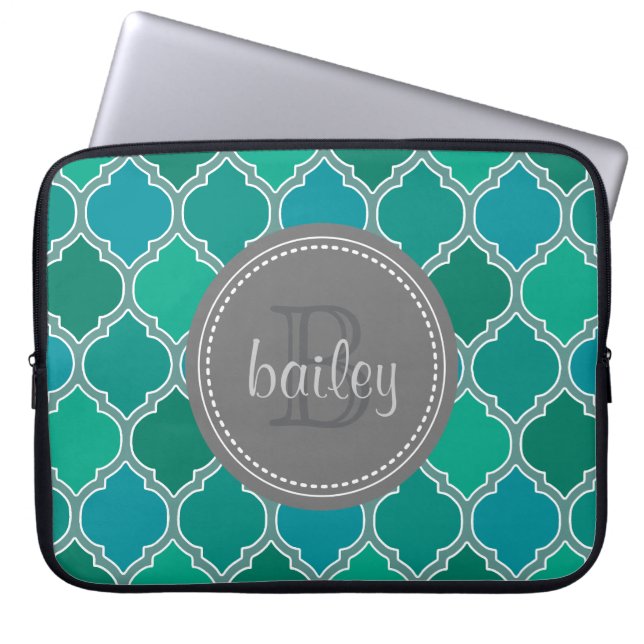 Monogrammed Grey Blauwgroen Modern Lattice Pattern Laptop Sleeve (Voorkant)