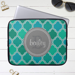 Monogrammed Grey Blauwgroen Modern Lattice Pattern Laptop Sleeve