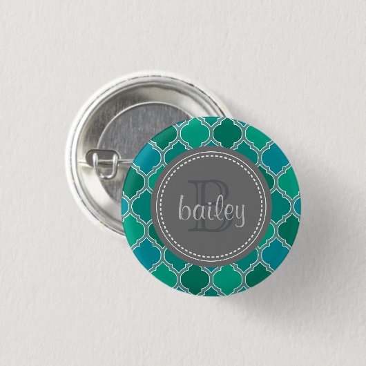 Monogrammed Grey Blauwgroen Modern Lattice Pattern Ronde Button 3,2 Cm (Voorkant /achterkant)