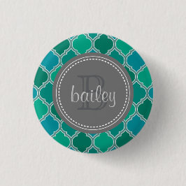 Monogrammed Grey Blauwgroen Modern Lattice Pattern Ronde Button 3,2 Cm