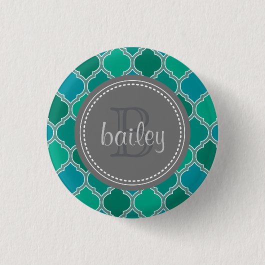 Monogrammed Grey Blauwgroen Modern Lattice Pattern Ronde Button 3,2 Cm (Voorkant)