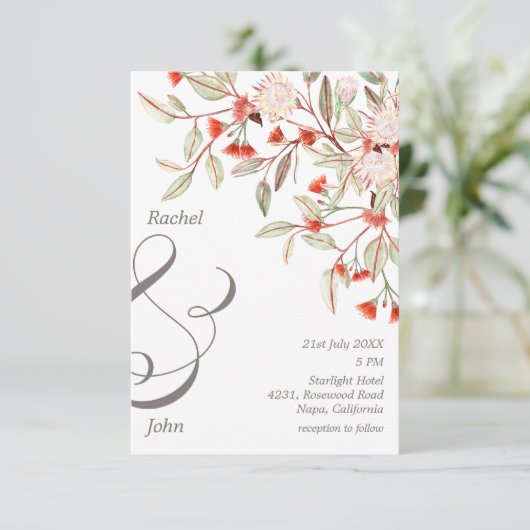 Monogrammed Grijs & Blush Australische Bloemen Bru Kaart (Staand voorkant)