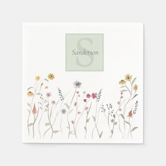 Monogrammed grillige Waterverf Wildflower Shower Servet (Voorkant)