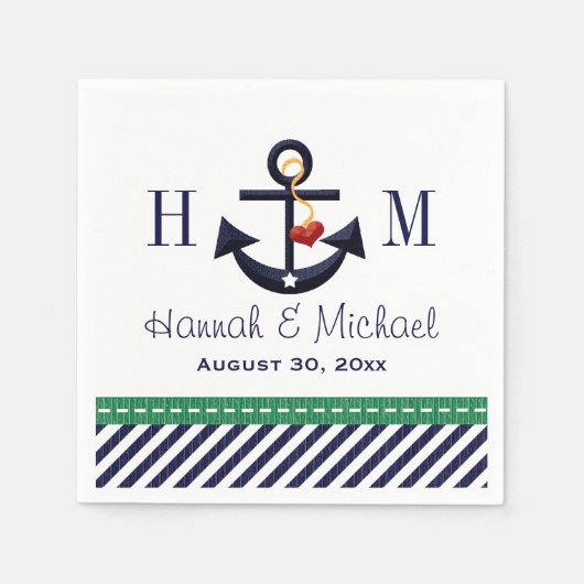 Monogrammed Groene en Marine Anker Nautische Huwel Servet (Voorkant)