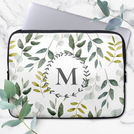 Monogrammed groene eucalyptus tropische bladeren laptop sleeve