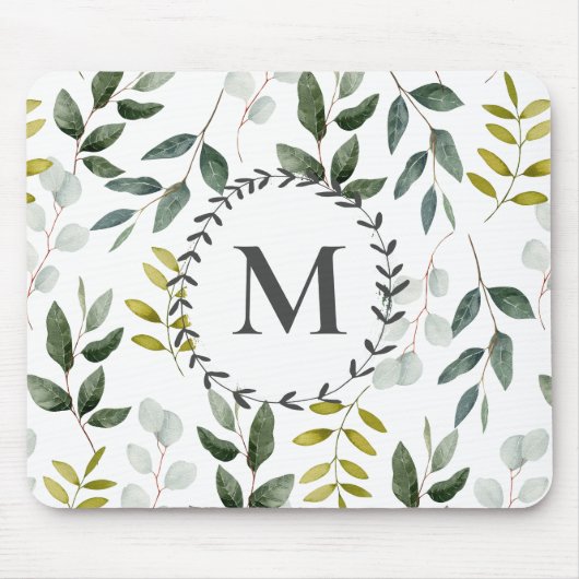 Monogrammed groene eucalyptus tropische bladeren muismat (Voorkant)