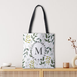 Monogrammed groene eucalyptus tropische bladeren tote bag