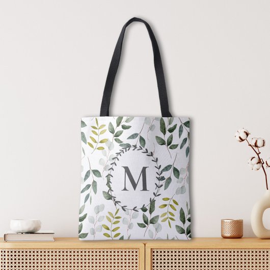 Monogrammed groene eucalyptus tropische bladeren tote bag