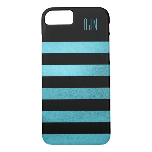 Monogrammed grunge blauwgroen Stripes Zwart Achter Case-Mate iPhone Case (Achterkant)