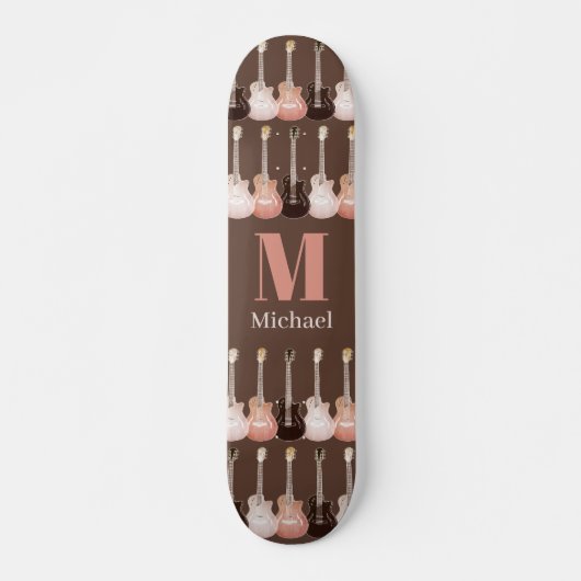 Monogrammed Guitar Pattern Brown Persoonlijk Skateboard (Voorkant)