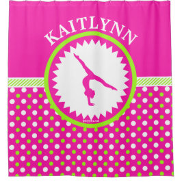 Monogrammed Gymnastics Pink and Green Polka-Stippe Douchegordijn