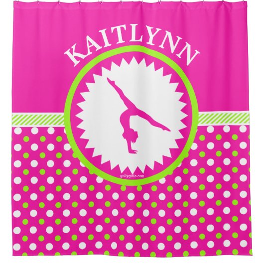 Monogrammed Gymnastics Pink and Green Polka-Stippe Douchegordijn (Voorkant)