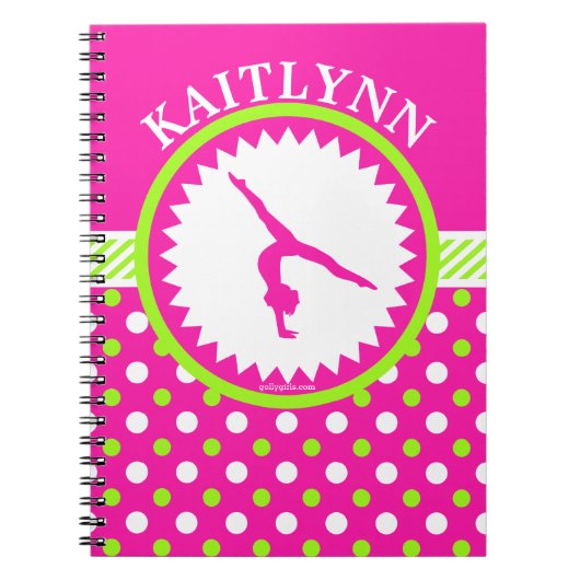 Monogrammed Gymnastics Pink and Green Polka-Stippe Notitieboek (Voorkant)