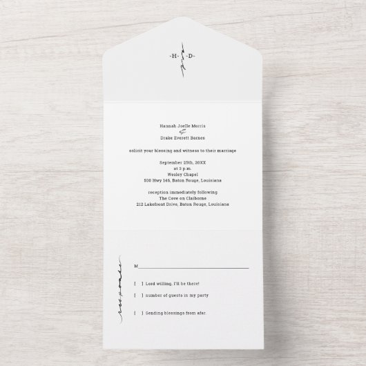 Monogrammed Hand Lettered Chic Cross All In One Uitnodiging (Binnen)