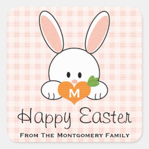 Monogrammed Happy Easter Bunny Seals Pink Gingham Vierkante Sticker