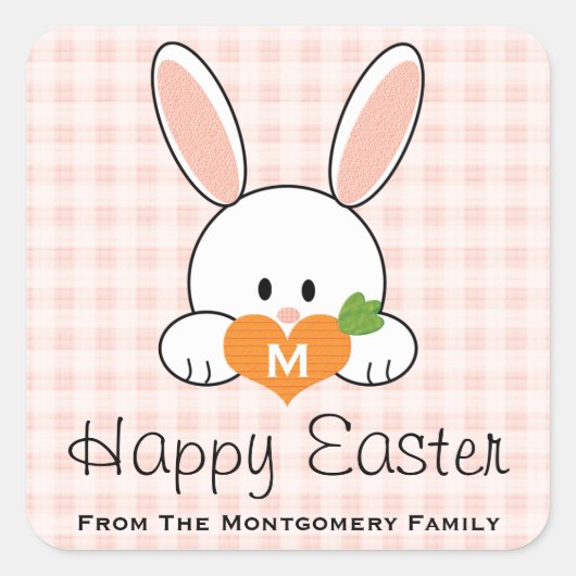 Monogrammed Happy Easter Bunny Seals Pink Gingham Vierkante Sticker (Voorkant)