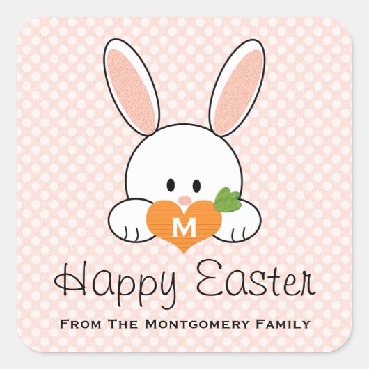 Monogrammed Happy Paast Bunny Seals Roze Vierkante Sticker (Voorkant)