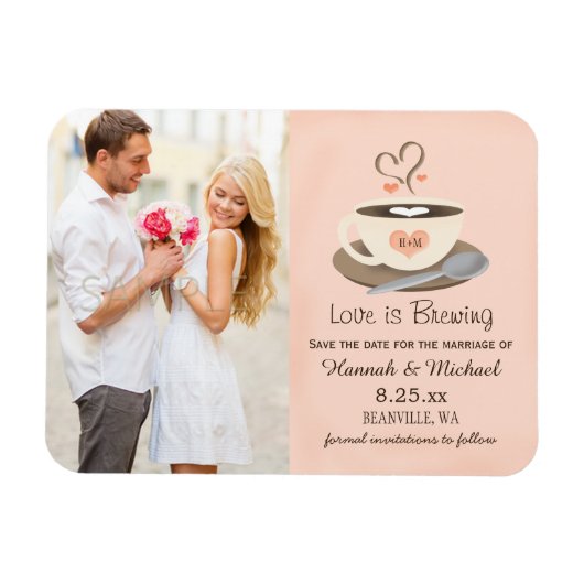 Monogrammed Heart Blush Coffee Cup Save the Date Magneet (Horizontaal)