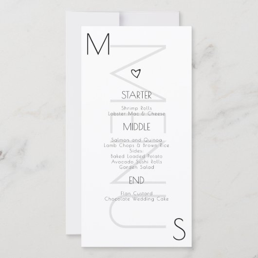 Monogrammed Heart Wedding Black White Menu (Voorkant)