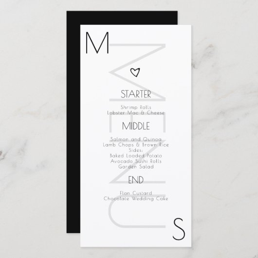 Monogrammed Heart Wedding Black White Menu (Voorkant / Achterkant)