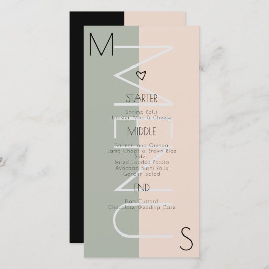 Monogrammed Heart Wedding Sage Pink Menu (Voorkant / Achterkant)