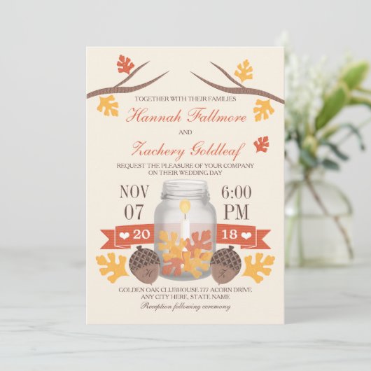 Monogrammed Herfst Leaf Mason Jar Wedding Kaart (Staand voorkant)
