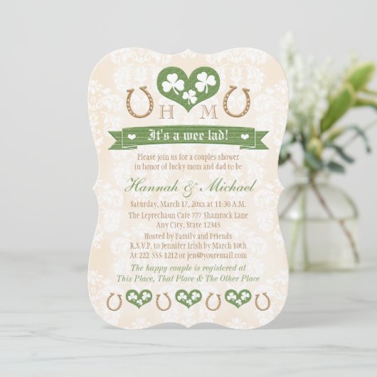 Monogrammed Hoefijzer Shamrock Koppels Baby shower Kaart (Staand voorkant)