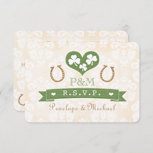 Monogrammed Hoefijzer Shamrock Response Card RSVP (Voorkant / Achterkant)