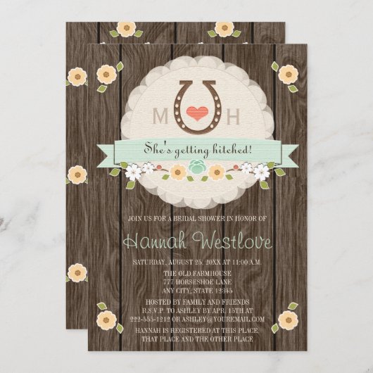 MONOGRAMMED HOEFIJZER WESTERN VRIJGEZELLENFEEST KAART (Voorkant / Achterkant)