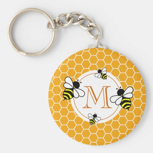 Monogrammed Honeycomb Pattern met bijen Sleutelhanger (Voorkant)