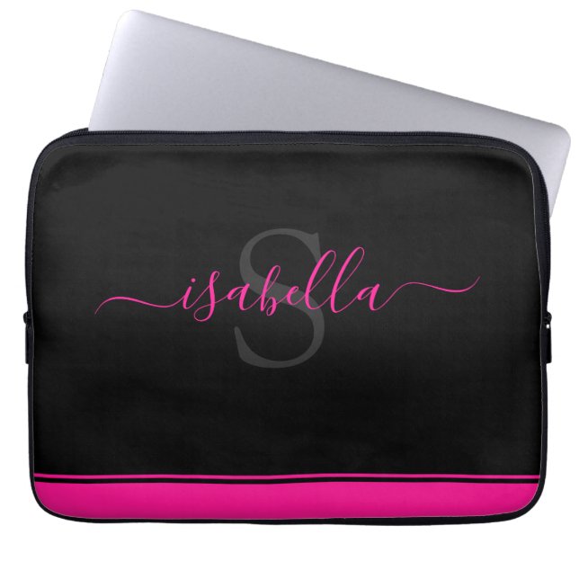 Monogrammed Hot Pink Black Script Laptop Sleeve (Voorkant)