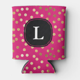 Monogrammed Hot Pink en Gold Glitter Polka Dot Blikjeskoeler