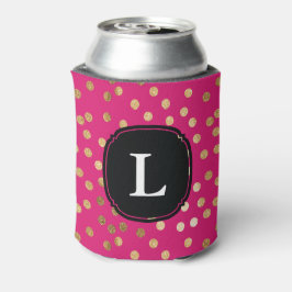 Monogrammed Hot Pink en Gold Glitter Polka Dot Blikjeskoeler