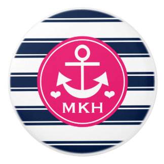 Monogrammed Hot Pink en Navy Anchor Keramische Knop