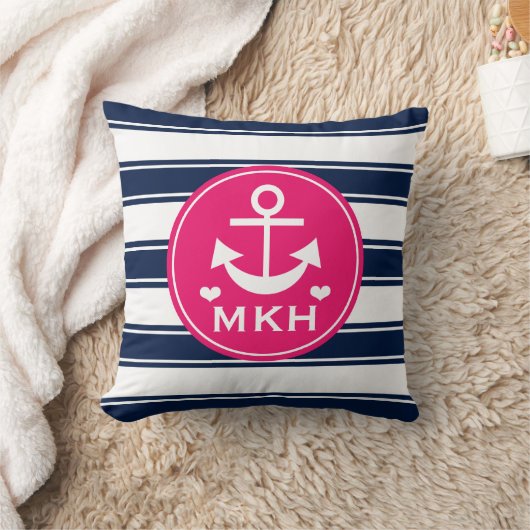 Monogrammed Hot Pink en Navy Blue Anchor Kussen (Deken)