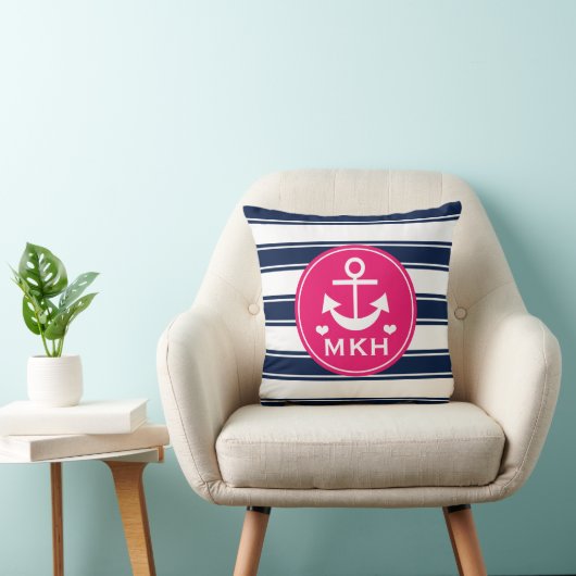 Monogrammed Hot Pink en Navy Blue Anchor Kussen (Stoel)