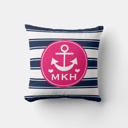 Monogrammed Hot Pink en Navy Blue Anchor Kussen (Voorkant)