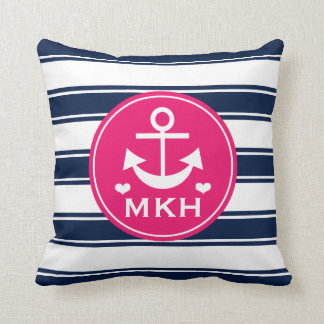 Monogrammed Hot Pink en Navy Blue Anchor Kussen