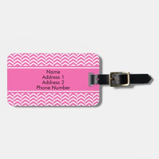 Monogrammed Hot Pink en White Chevron Pattern Bagagelabel (Voorkant horizontaal)
