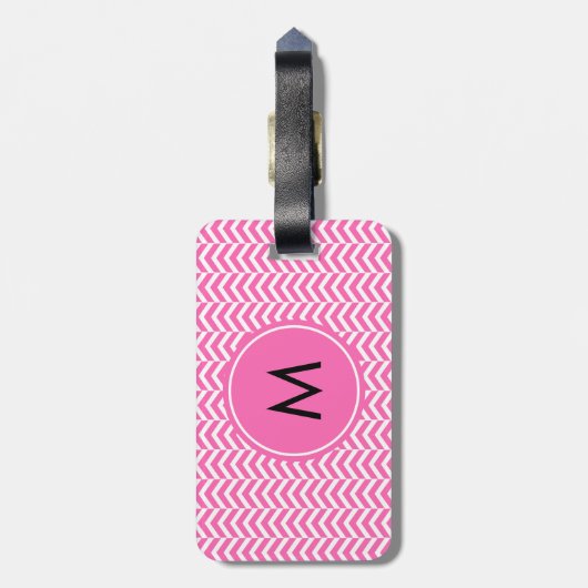 Monogrammed Hot Pink en White Chevron Pattern Bagagelabel (Achterkant verticaal)