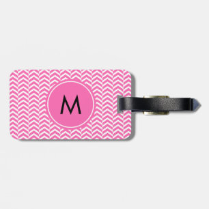 Monogrammed Hot Pink en White Chevron Pattern Bagagelabel