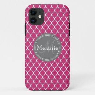 Monogrammed Hot Pink Moroccan Lattice Pattern iPhone 11 Hoesje