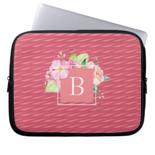 Monogrammed Initiaal Abstract & Roze koraal bloemi Laptop Sleeve