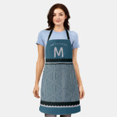 Monogrammed Initiaal Blue Geometric Kitchen Schort (Gedragen)
